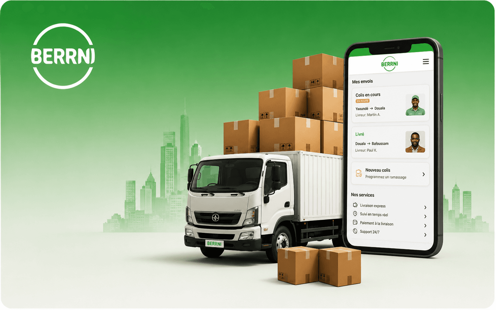 Illustration aux couleurs BERRNI : un camion de livraison blanc chargé de cartons, à côté d’un téléphone affichant une liste d’envois et leur état d’acheminement.