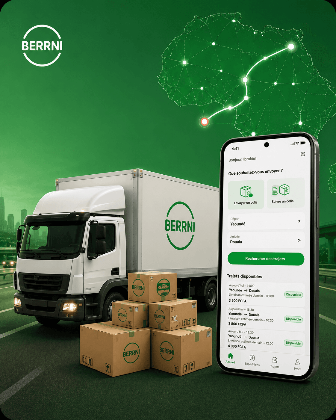 Illustration aux couleurs BERRNI : un camion de livraison blanc et des cartons marqués du logo du produit, à côté d’un téléphone affichant un formulaire d’envoi de colis et une liste de trajets, sur un fond où se dessine une carte du continent africain.