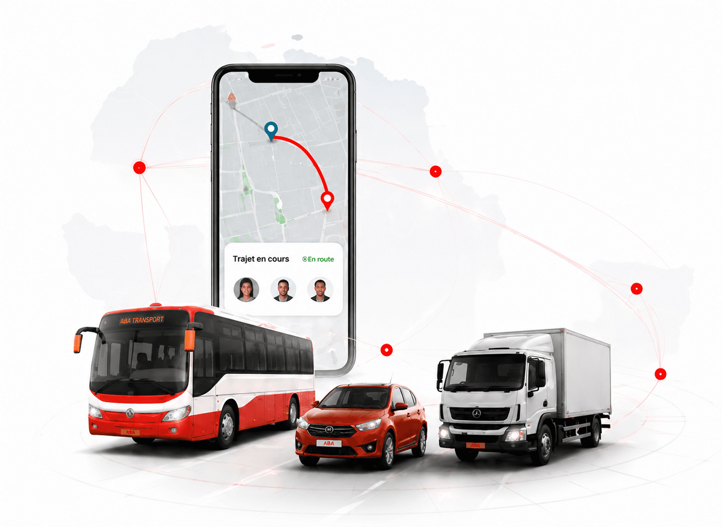 Illustration : un autobus aux couleurs rouge et blanc, une berline rouge et un camion de livraison, groupés devant un téléphone affichant un itinéraire cartographié et la mention d’un trajet en cours, sur un fond où se dessinent une carte du continent africain et un réseau de points reliés.