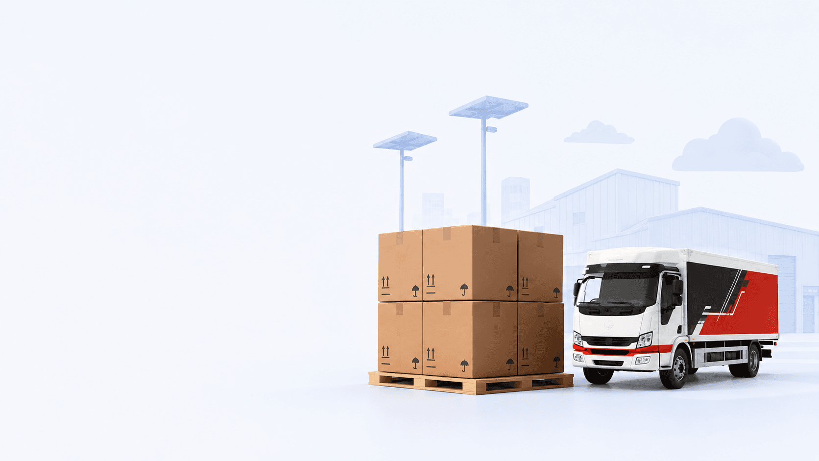 Illustration : six cartons empilés sur une palette de bois à côté d’un camion de livraison blanc et rouge, devant des entrepôts stylisés.