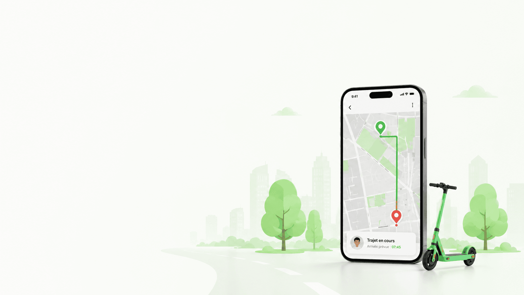 Illustration : un téléphone affichant un itinéraire cartographié entre deux points et la mention d’un trajet en cours, posé à côté d’une trottinette électrique.