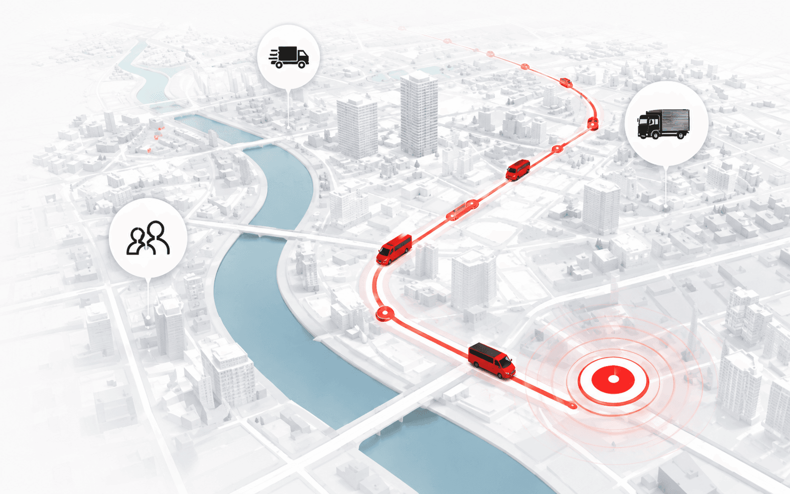 Illustration : une maquette de ville en volume, en gris clair, traversée par un itinéraire rouge qui relie plusieurs véhicules jusqu’à un point de destination, accompagné de repères figurant des voyageurs et des véhicules de livraison.