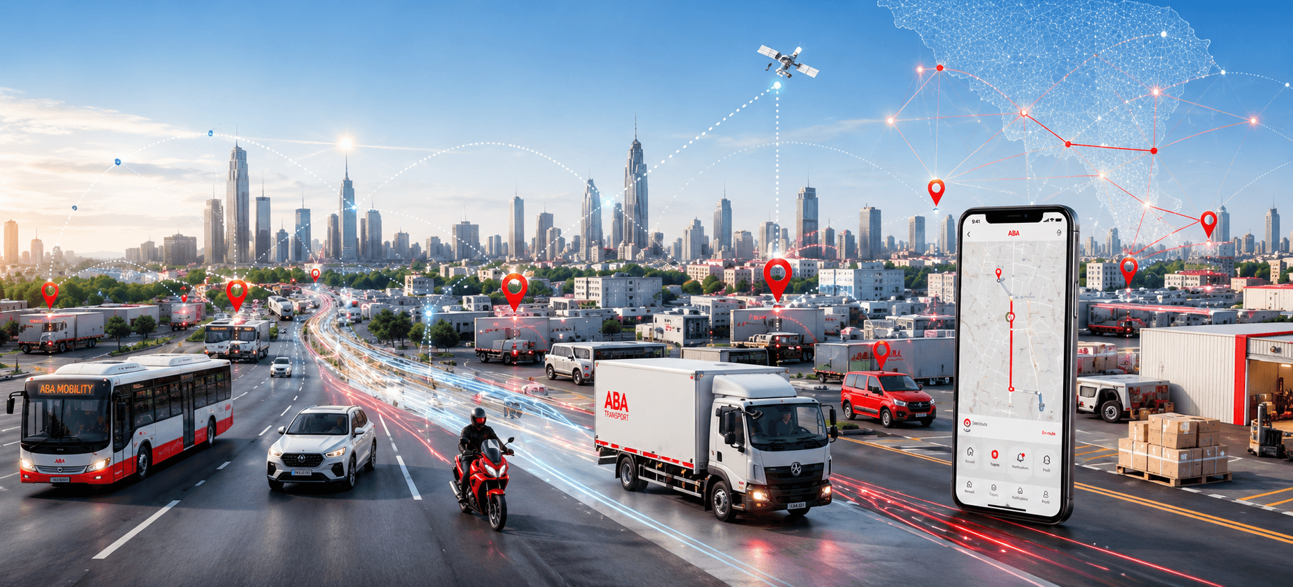 Illustration panoramique : une avenue urbaine parcourue par un autobus, une berline, une moto et un camion aux couleurs ABA Transport, devant une ligne d’horizon de tours ; un téléphone affiche un itinéraire suivi, et un réseau de points reliés se déploie dans le ciel jusqu’à un satellite et une carte du continent africain.