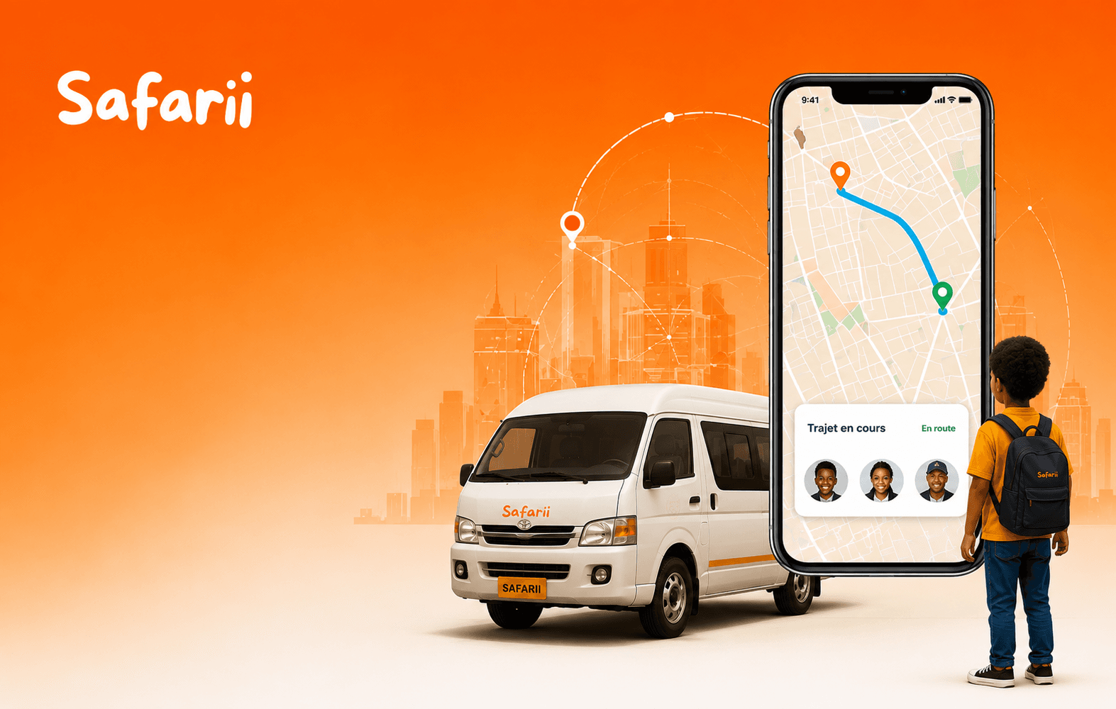 Illustration aux couleurs Safarii : un minibus blanc portant le nom du produit, un téléphone affichant un itinéraire cartographié et un trajet en cours, et un enfant de dos portant un sac à dos.