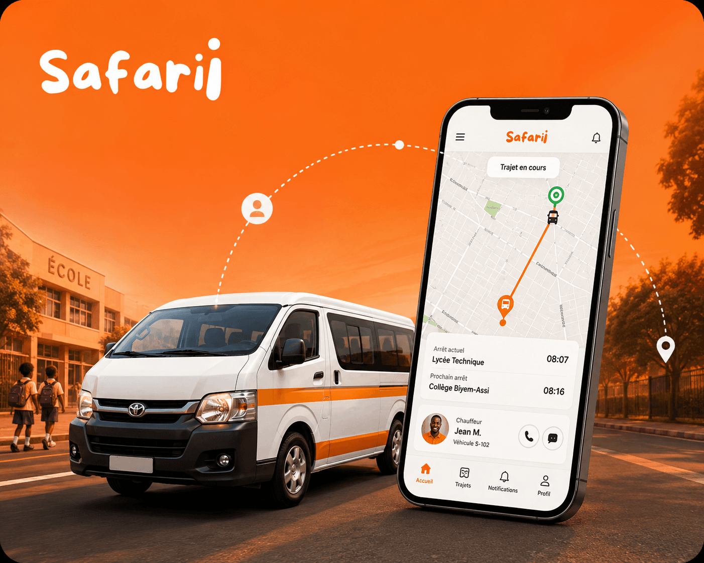 Illustration aux couleurs Safarii : un minibus blanc à bande orange devant un établissement scolaire, à côté d’un téléphone affichant une carte de trajet en cours et les informations du conducteur.