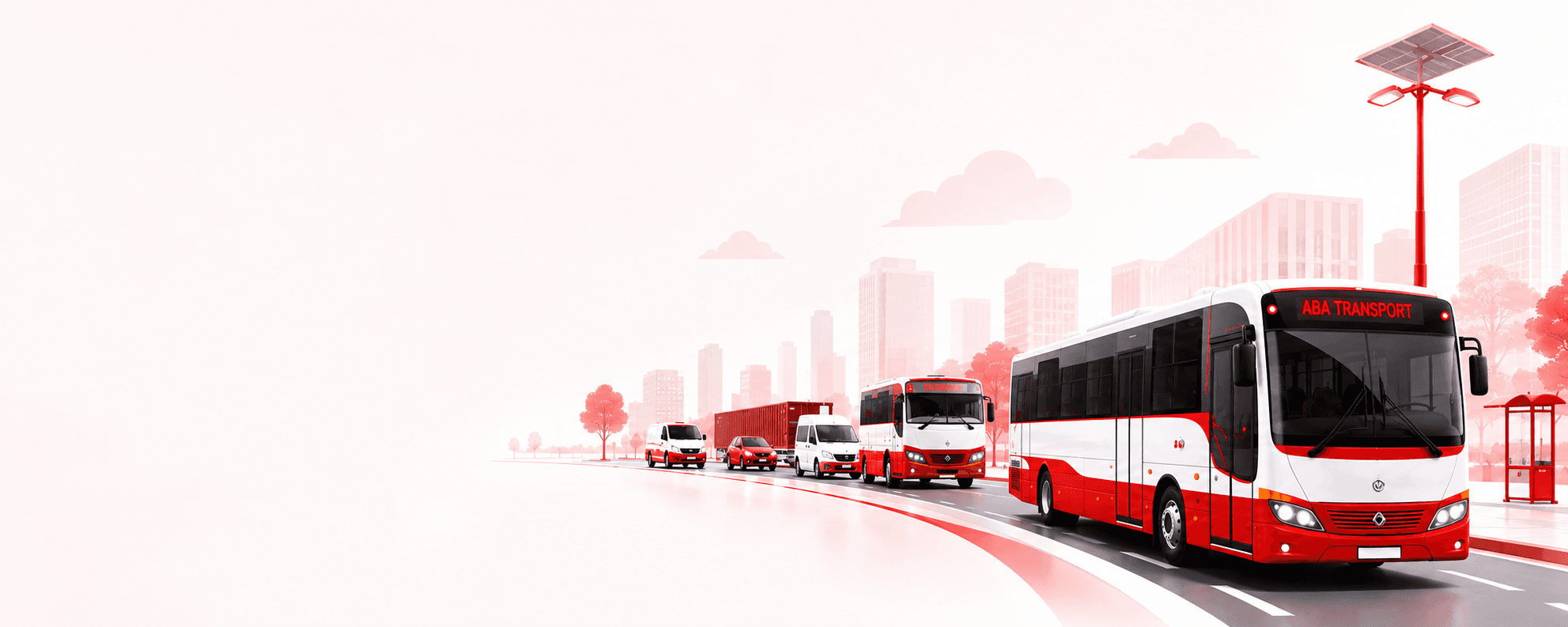 Illustration : un autobus blanc et rouge dont la girouette affiche « ABA TRANSPORT », suivi de fourgons, d’une voiture et d’un autocar sur une voie urbaine, devant une silhouette de ville.